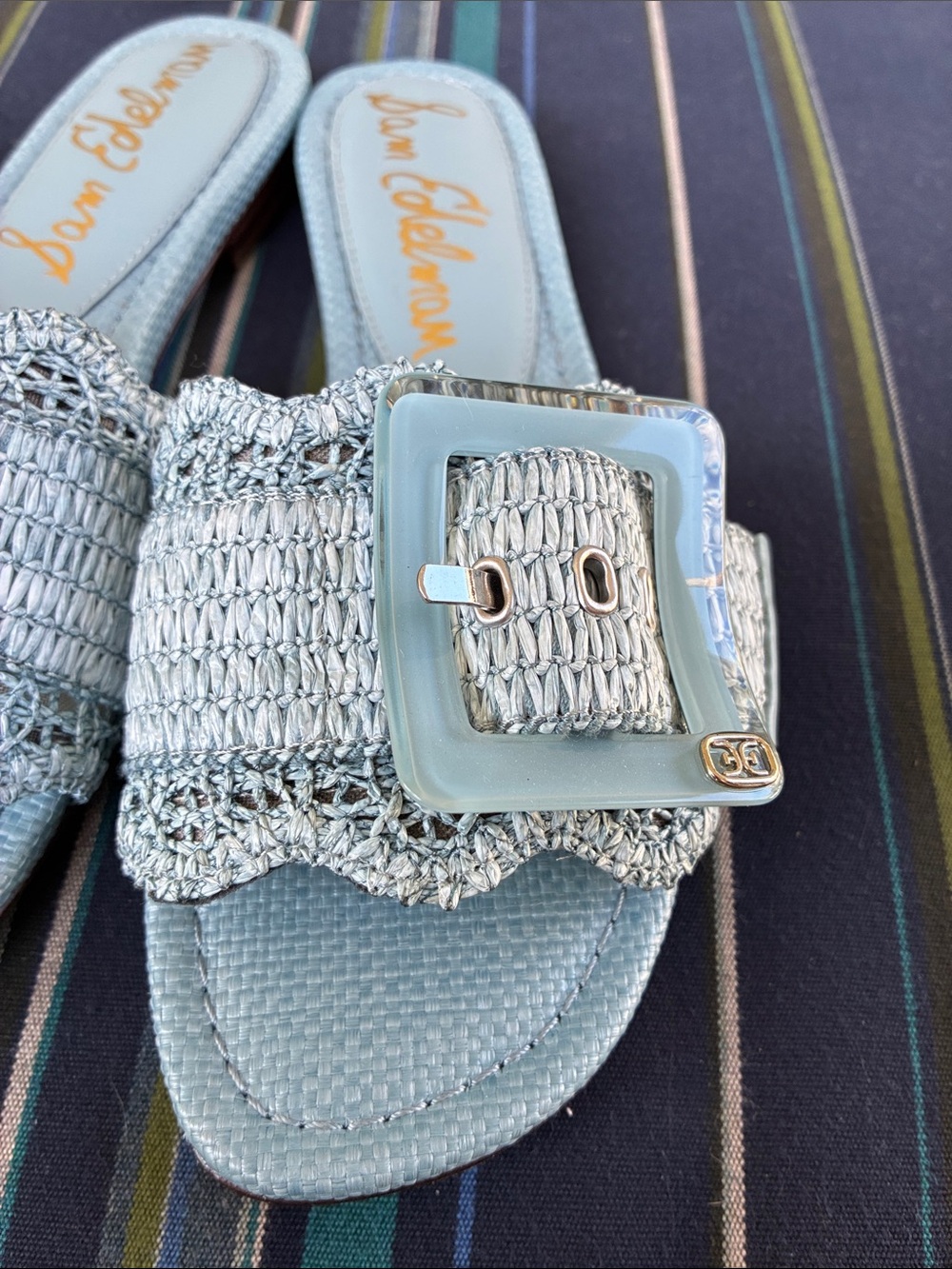 Sam Edelman Pale Blue Raffia Buckle Slide Sandals - Picture 4 of 8